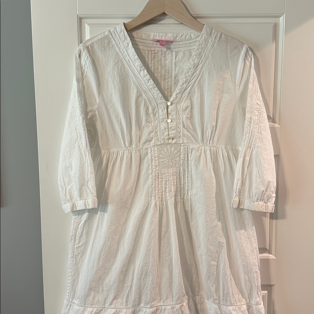 Lilly Pulitzer White Cotton Voile Pintuck & Embroidery Cover Up Shirt, Size M